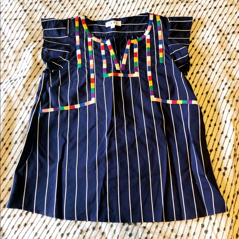 Navy & white striped embroidered cap sleeve top